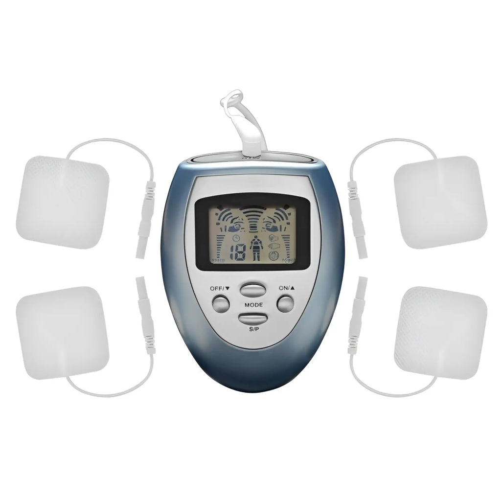 Zeus Electrosex Palm Power Box: A metallic blue, handheld device with an LCD screen and four white electrode pads.