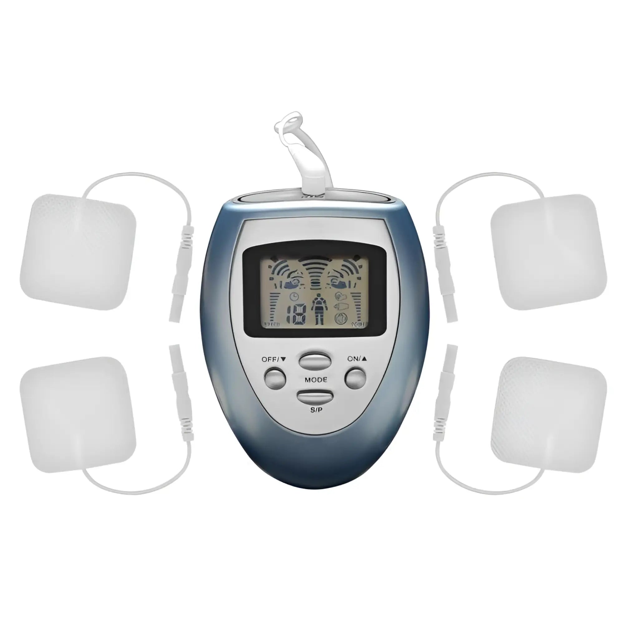 Zeus Electrosex Palm Power Box: A metallic blue, handheld device with an LCD screen and four white electrode pads.