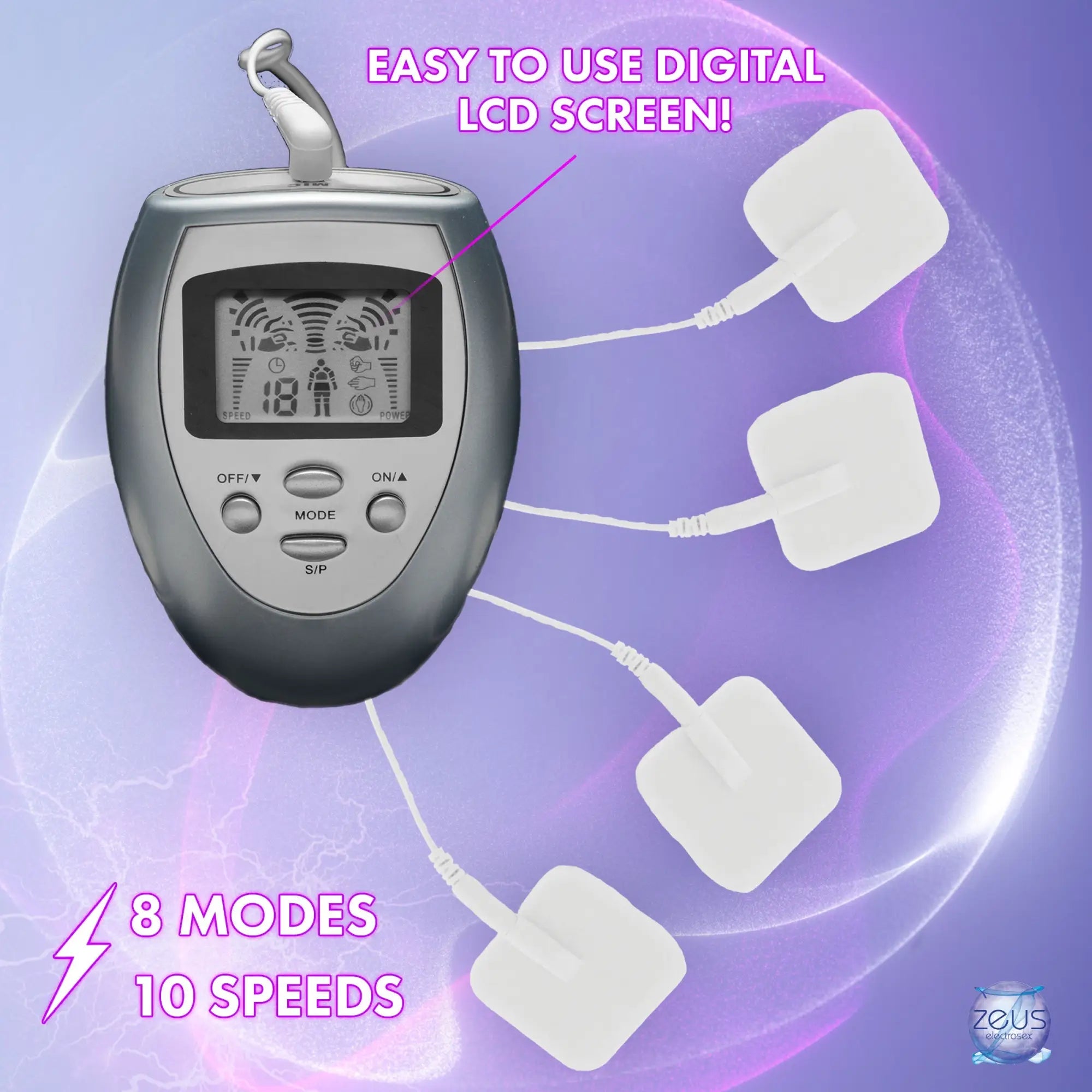 Zeus Electrosex Palm Power Box: A silver digital device with LCD screen and four connected white square electrode pads.