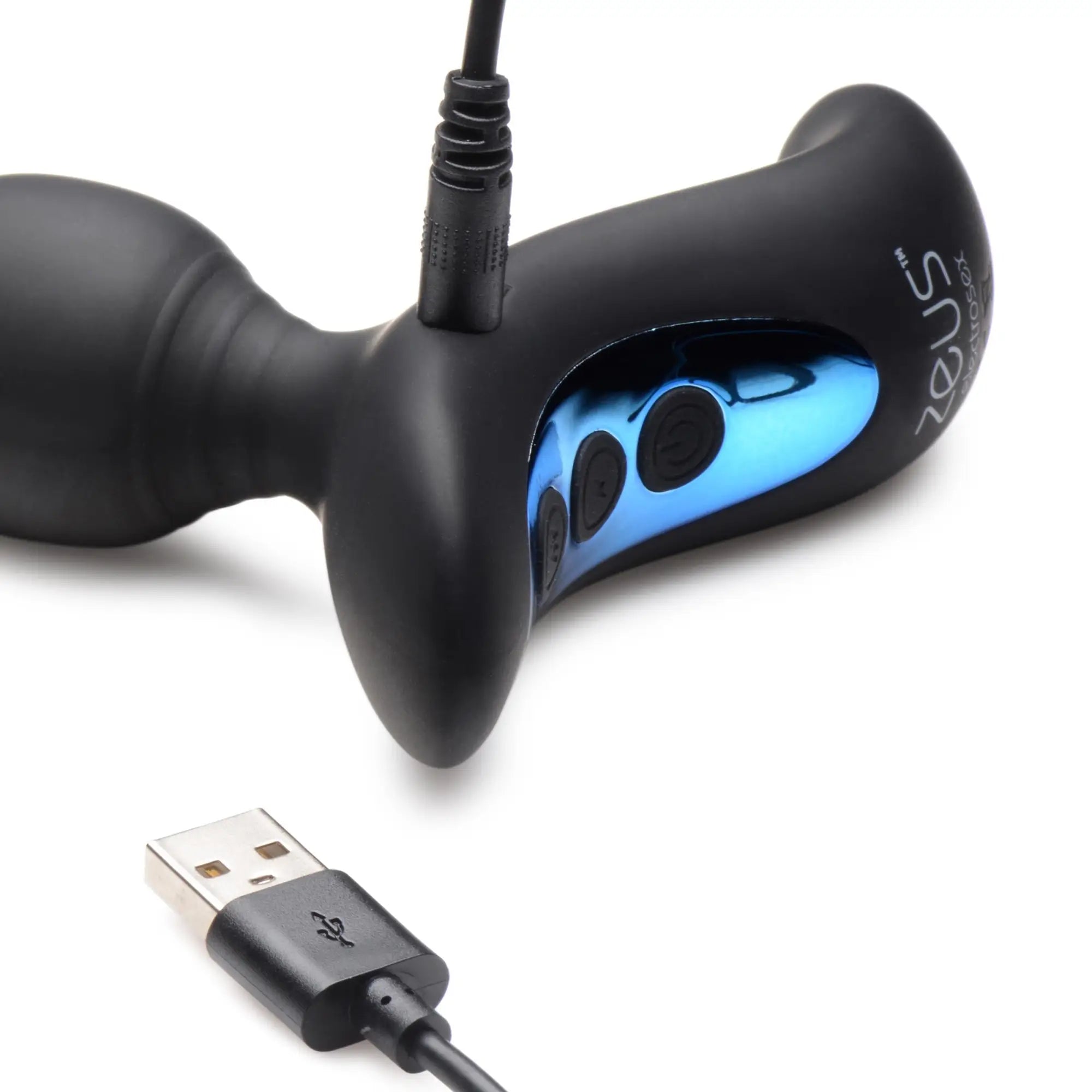Zeus Electrosex Shock-Beads: Black silicone anal beads with a blue control panel and a charging cable.