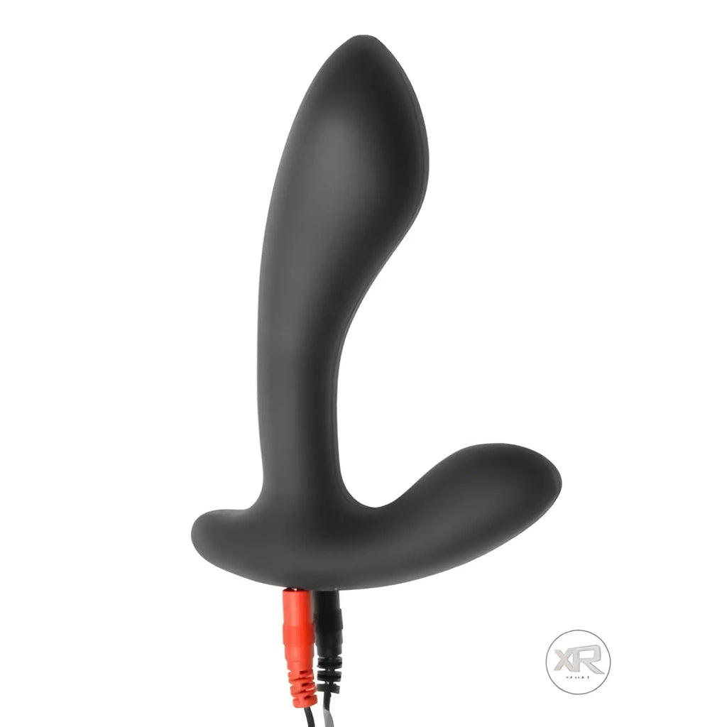Zeus Electrosex Surge: Matte black, T-shaped silicone prostate stimulator with connected red and black power cables.