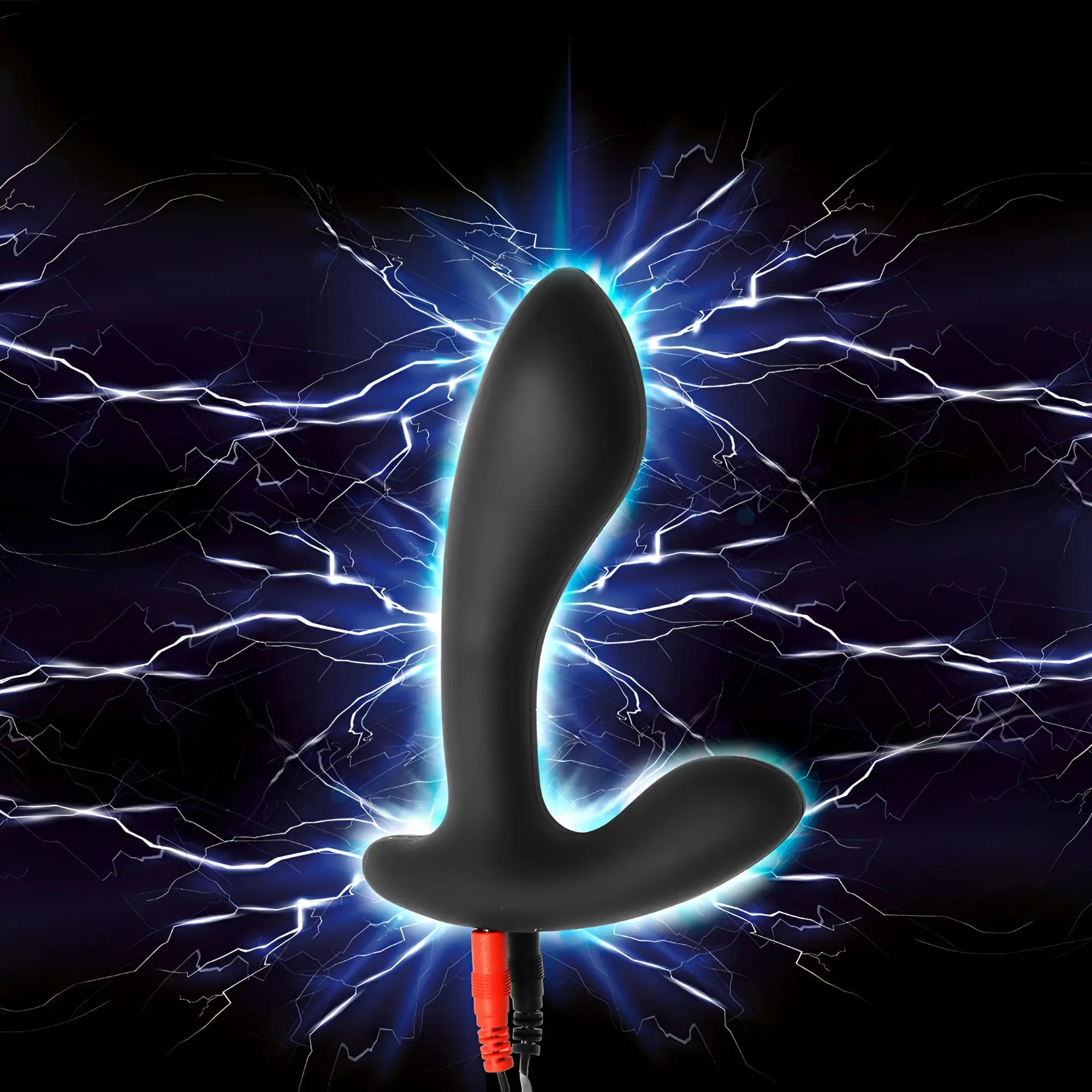 Zeus Electrosex Surge Bi-Polar Prostate Stimulator: a black, L-shaped device against a blue electric lightning background.