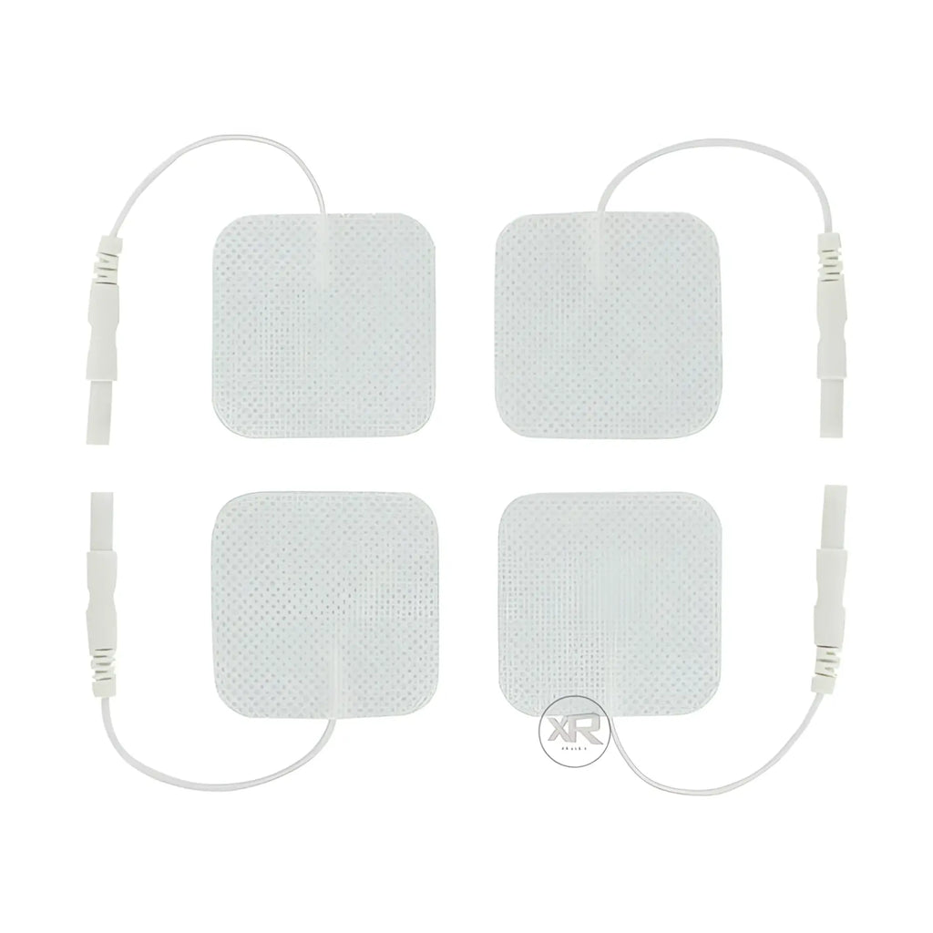 Four white, square Zeus Electrosex TENS pads with attached white lead wires, displayed against a white background.