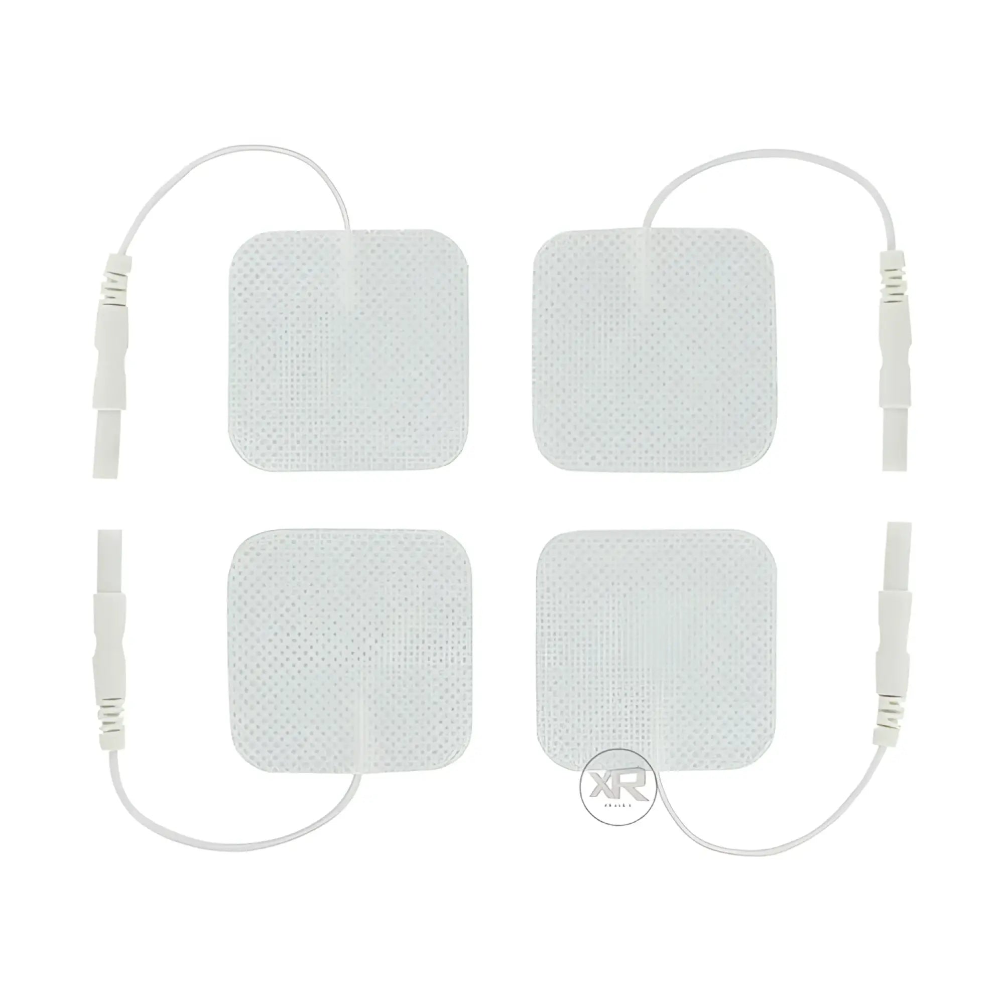 Four white, square Zeus Electrosex TENS pads with attached white lead wires, displayed against a white background.