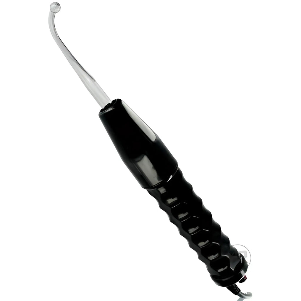 Zeus Twilight Wand: A black, ergonomic, textured handle with a clear, curved glass electrode attachment.