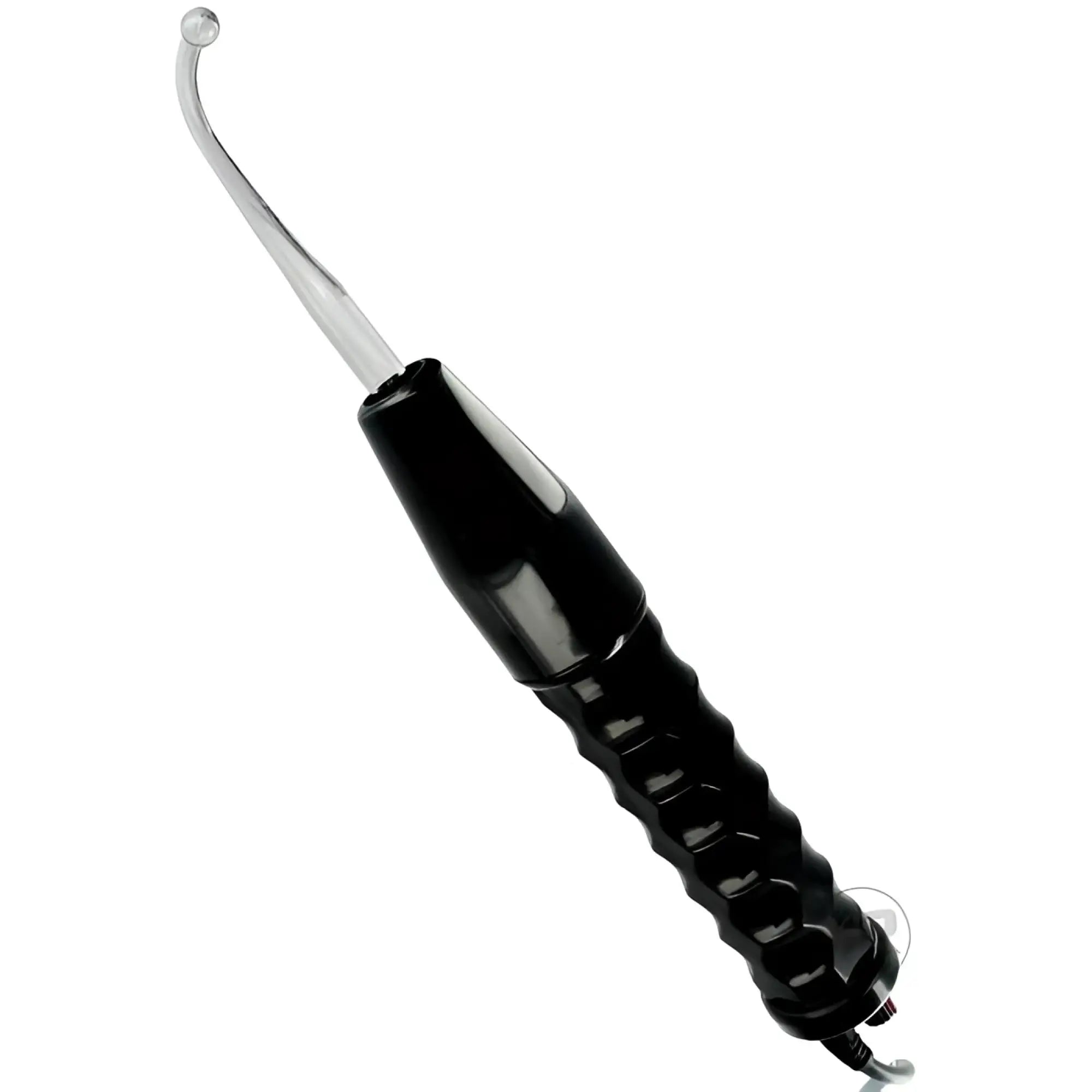 Zeus Twilight Wand: A black, ergonomic, textured handle with a clear, curved glass electrode attachment.