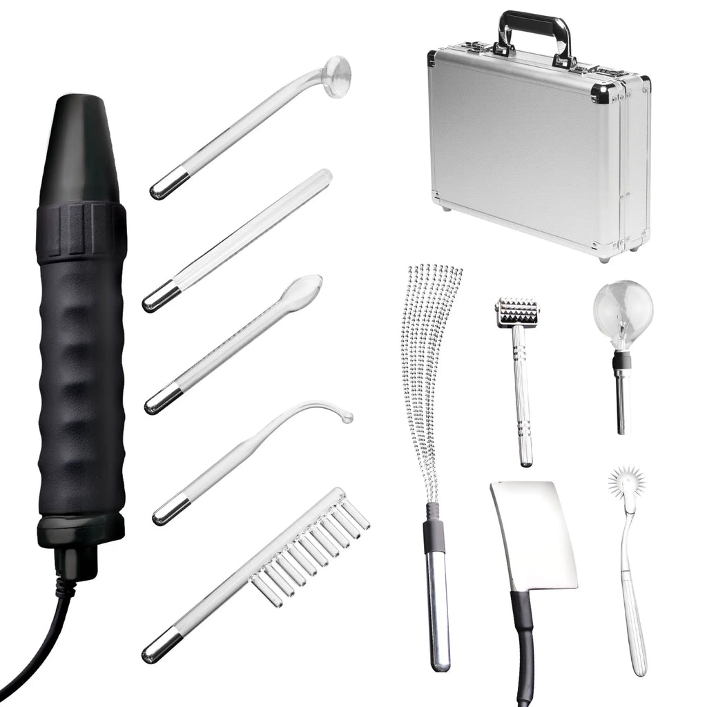 Zeus Electrosex Ultimate Edition Violet Wand set with a black handle, various glass attachments, and silver carry case.