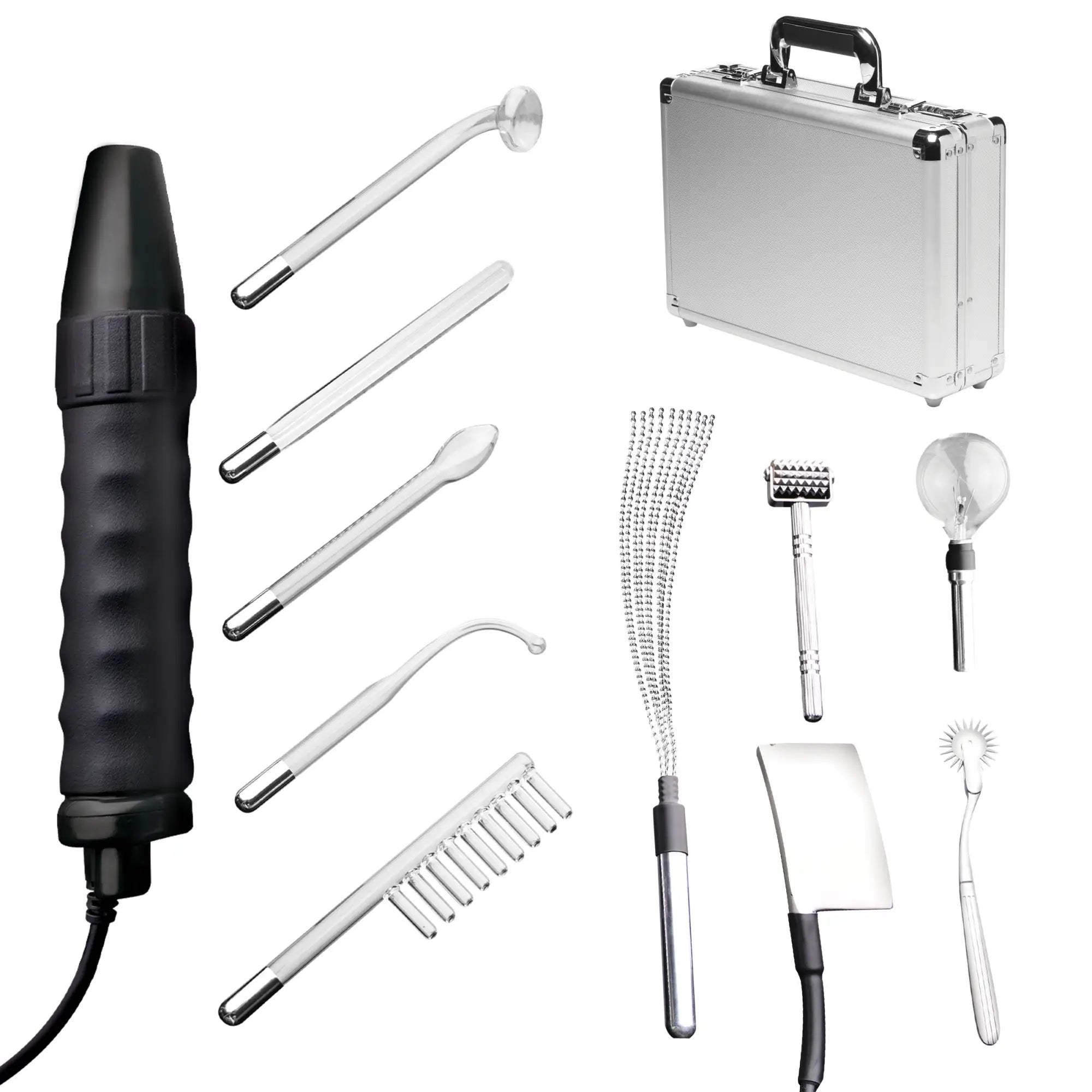 Zeus Electrosex Ultimate Edition Violet Wand set with a black handle, various glass attachments, and silver carry case.