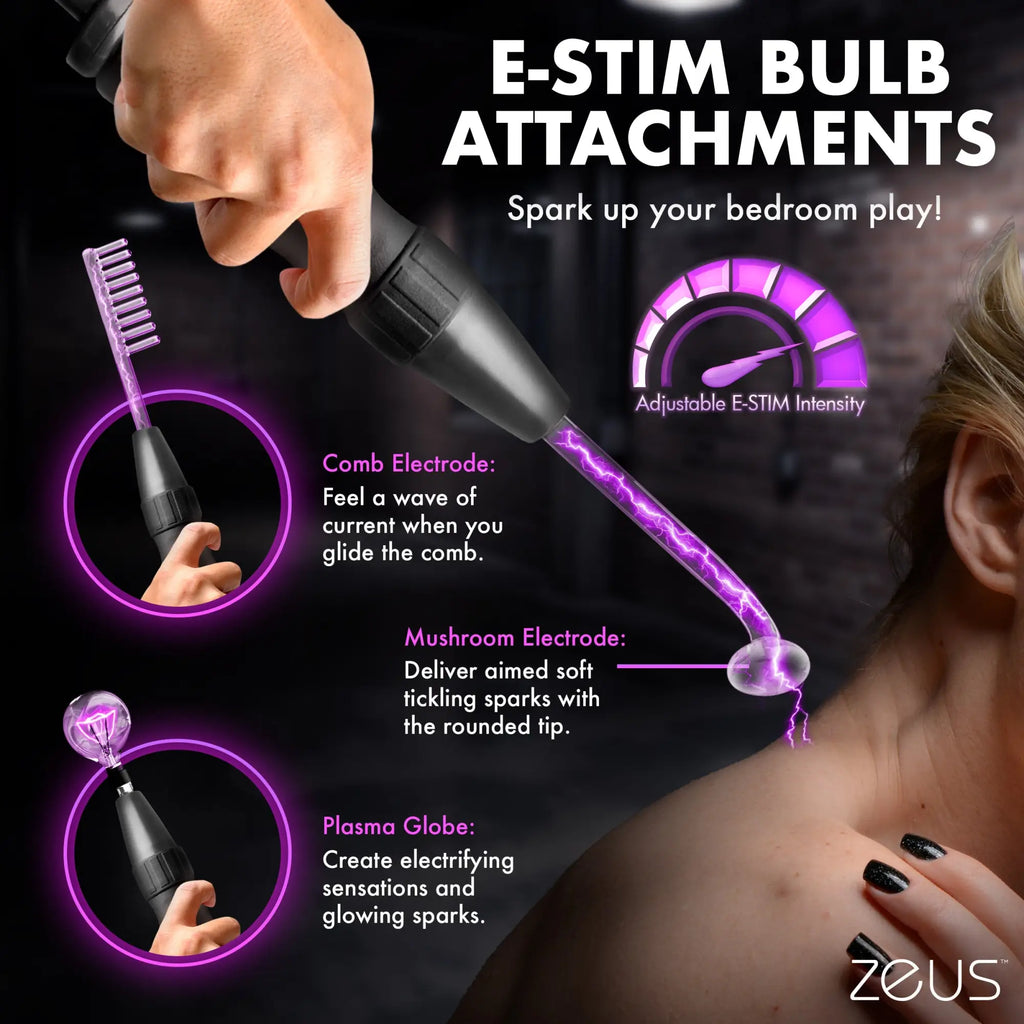 Zeus Ultimate Edition Violet Wand set showing various glass E-stim attachments emitting purple electrical sparks.