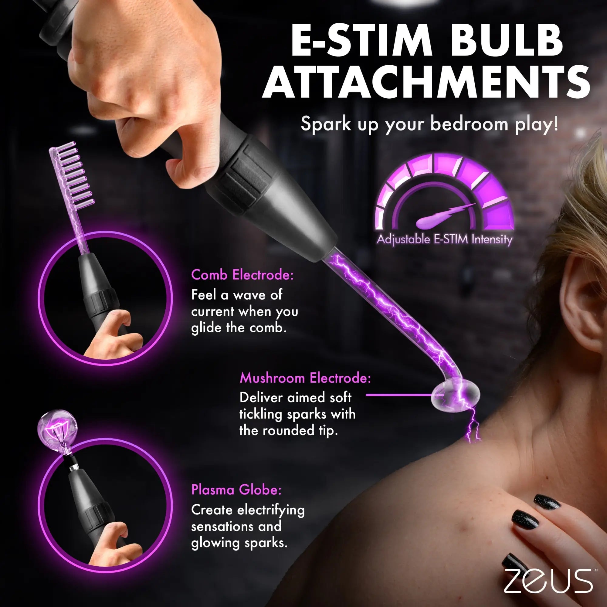 Zeus Ultimate Edition Violet Wand set showing various glass E-stim attachments emitting purple electrical sparks.