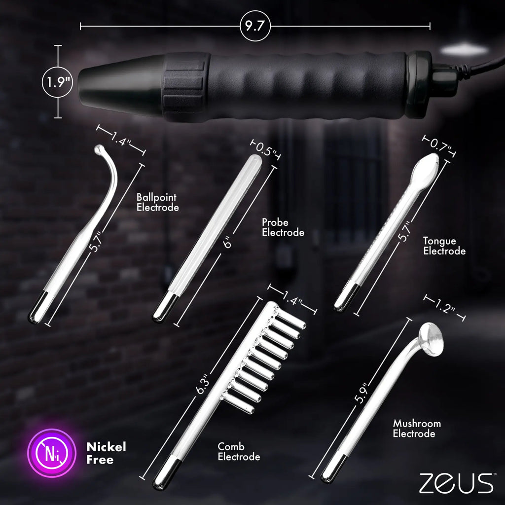 Zeus Electrosex Ultimate Edition violet wand set showing a black handle and five glass electrodes with size labels.