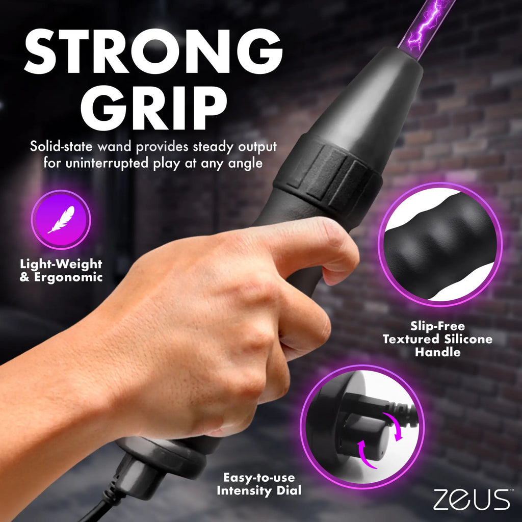 Zeus Electrosex Ultimate Edition Violet Wand: black, ergonomic, textured handle with an intensity dial and purple sparks.