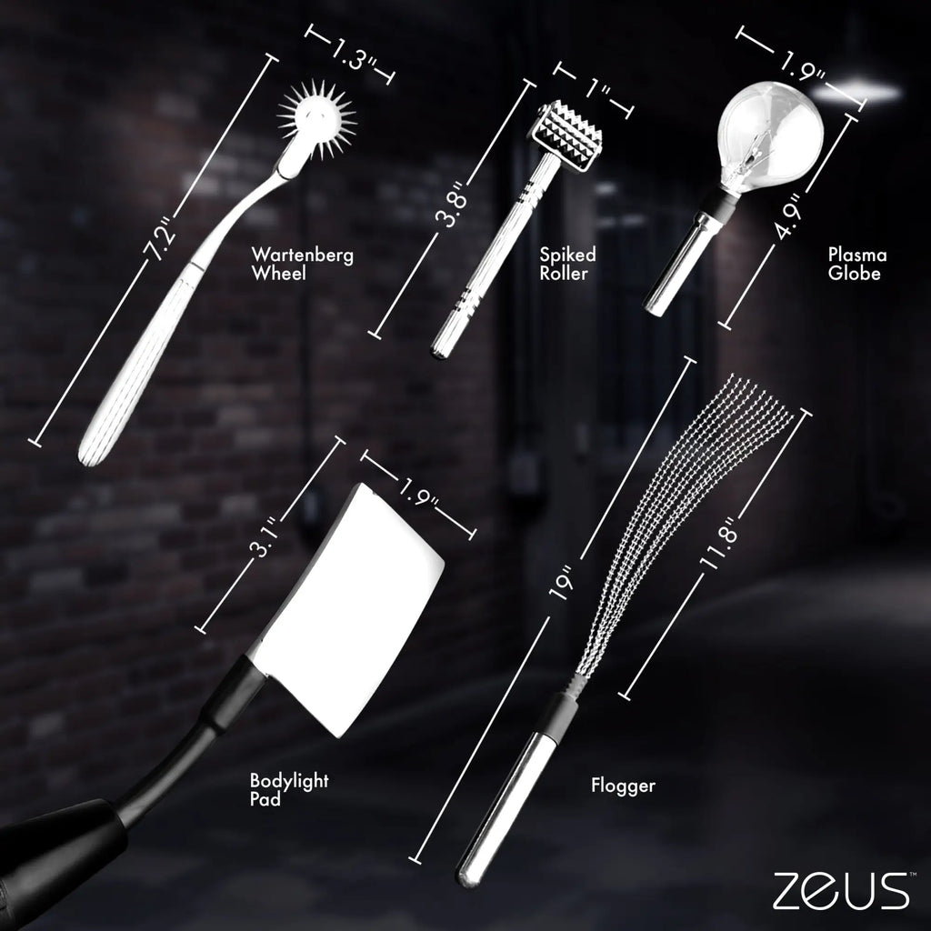 Zeus Electrosex Ultimate Edition Violet Wand set showing five silver attachments with measurements on a dark background.
