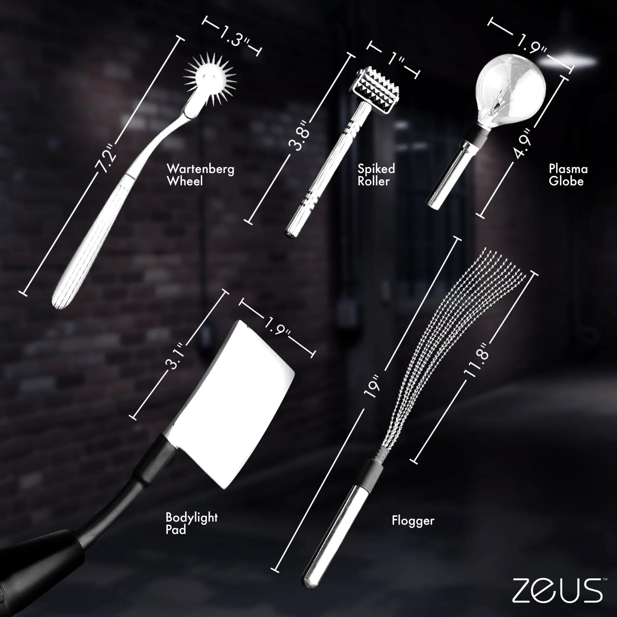 Zeus Electrosex Ultimate Edition Violet Wand set showing five silver attachments with measurements on a dark background.