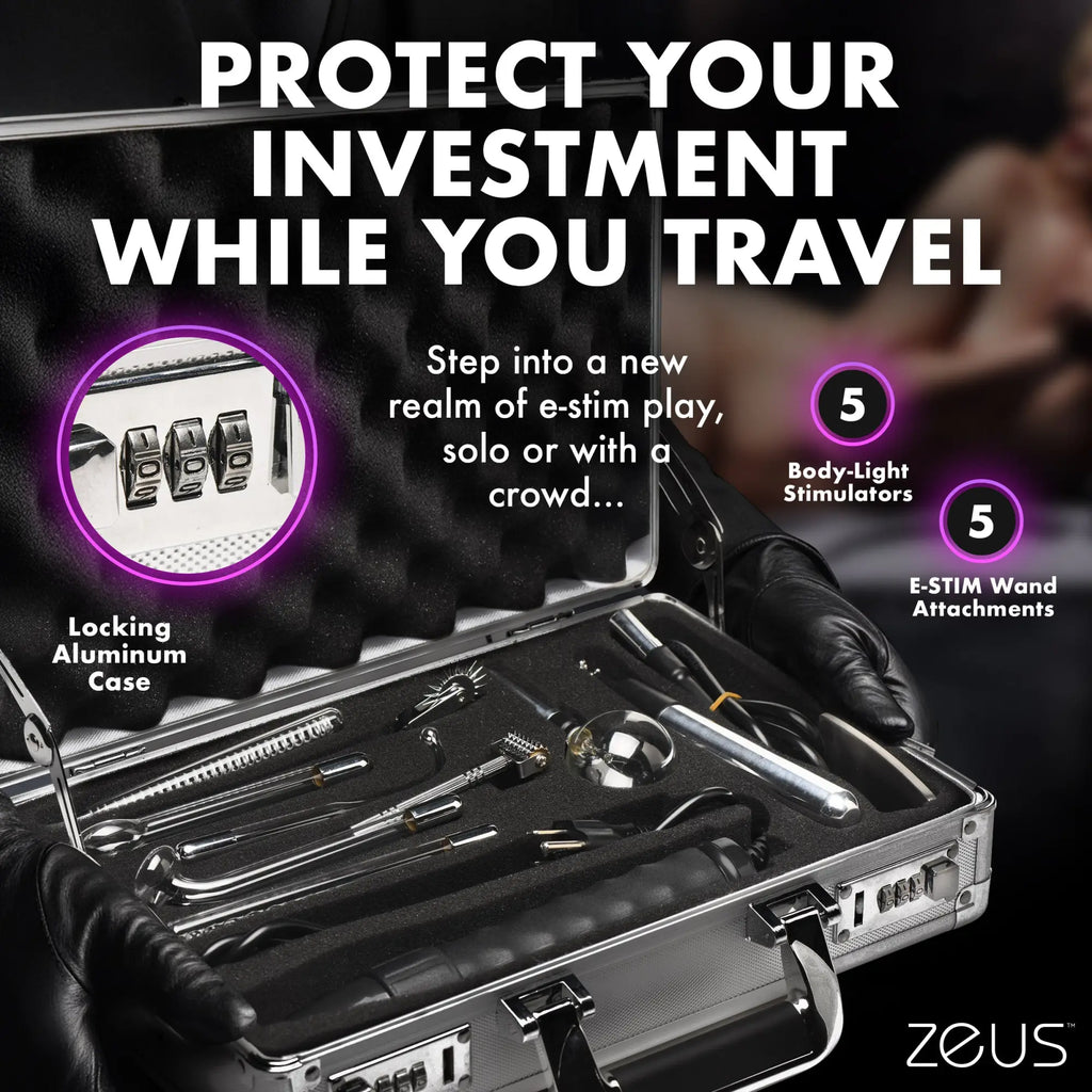 Zeus Electrosex Ultimate Edition violet wand set in a silver locking aluminum case with various e-stim attachments.
