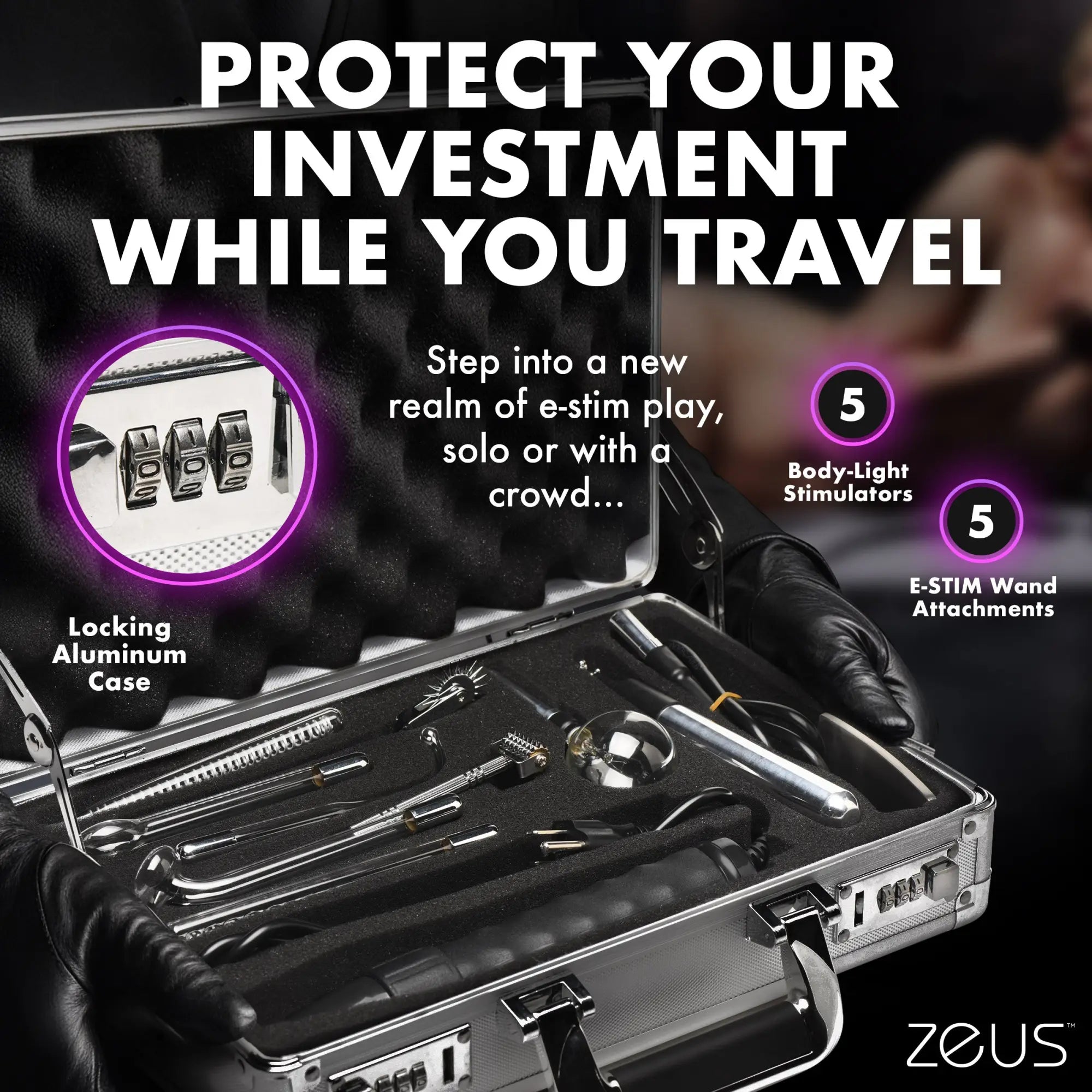 Zeus Electrosex Ultimate Edition violet wand set in a silver locking aluminum case with various e-stim attachments.