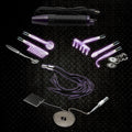 Zeus Electrosex Ultra Neo 10-piece violet wand set with various glass electrodes and attachments on a black metal grid.