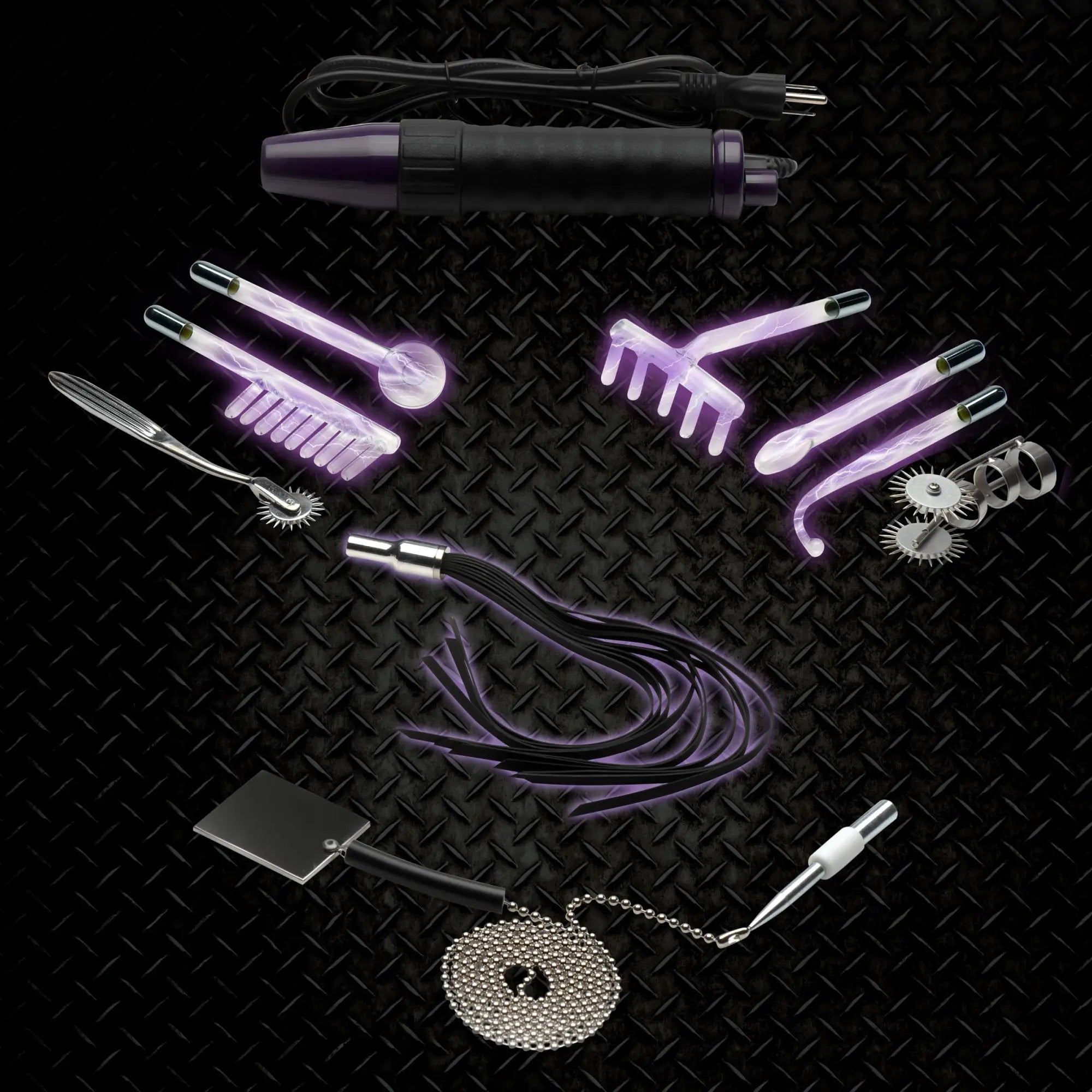 Zeus Electrosex Ultra Neo 10-piece violet wand set with various glass electrodes and attachments on a black metal grid.