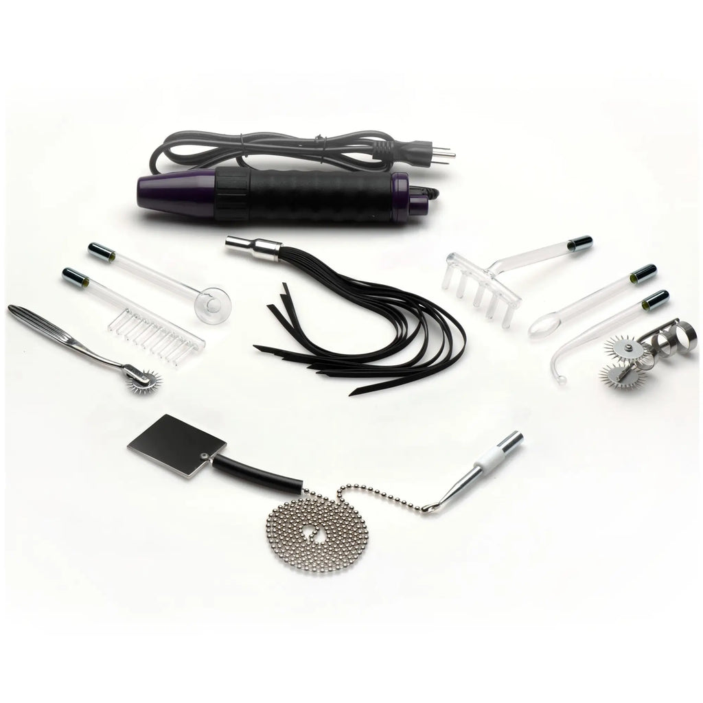 Zeus Electrosex Ultra Neo 10-piece violet wand set featuring a purple and black handle, glass electrodes, and accessories.