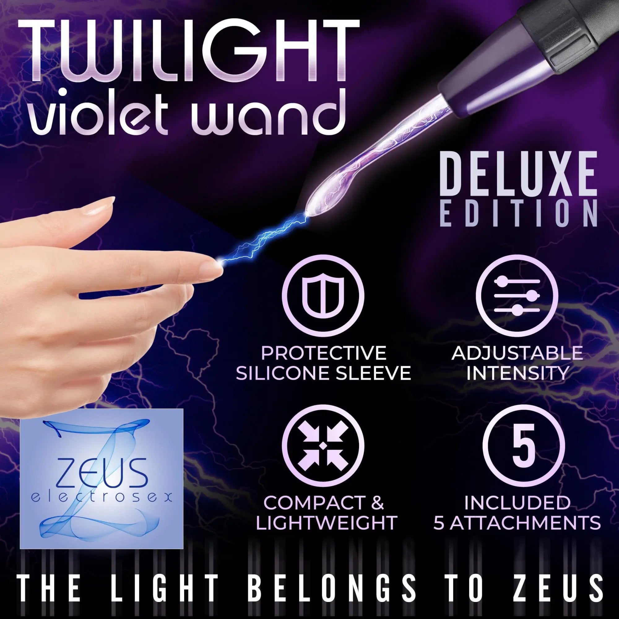 Zeus Electrosex Ultra Neo Violet Wand 10-piece set: a purple wand emitting electric sparks toward a hand, on black background.