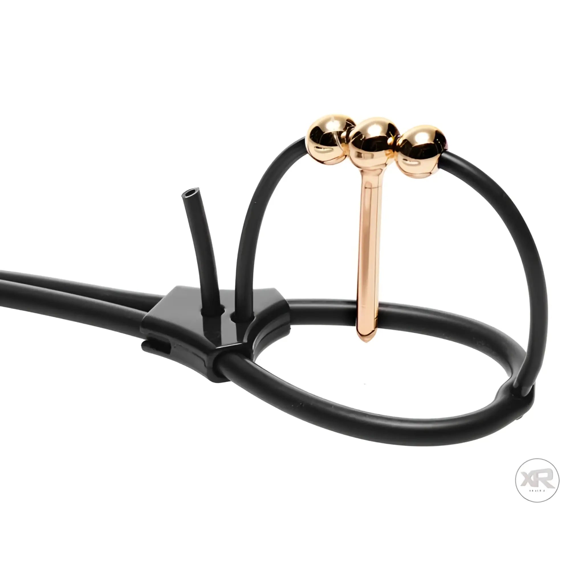 Zeus Vigor Corona urethral insert with gold-toned metal beads and flexible black connecting wire on a white background.