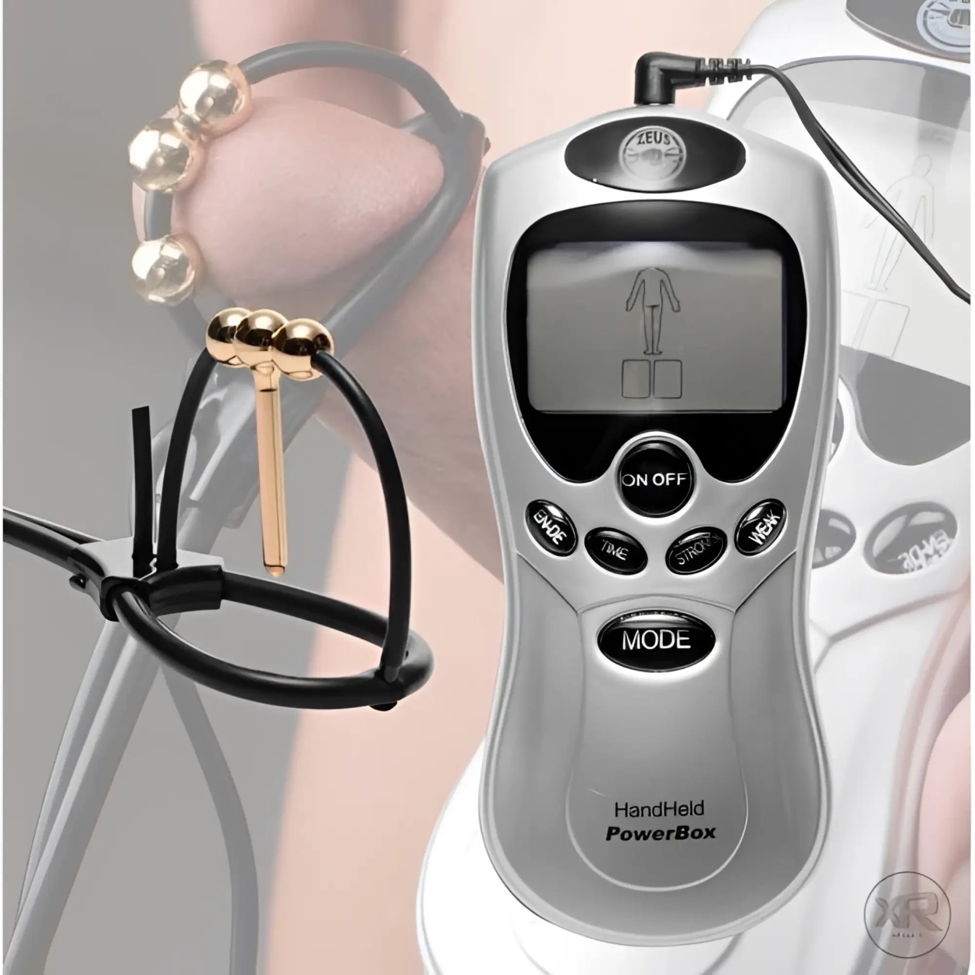 Zeus Vigor Corona urethral insert with gold beads, black wires, and silver handheld stimulator powerbox.