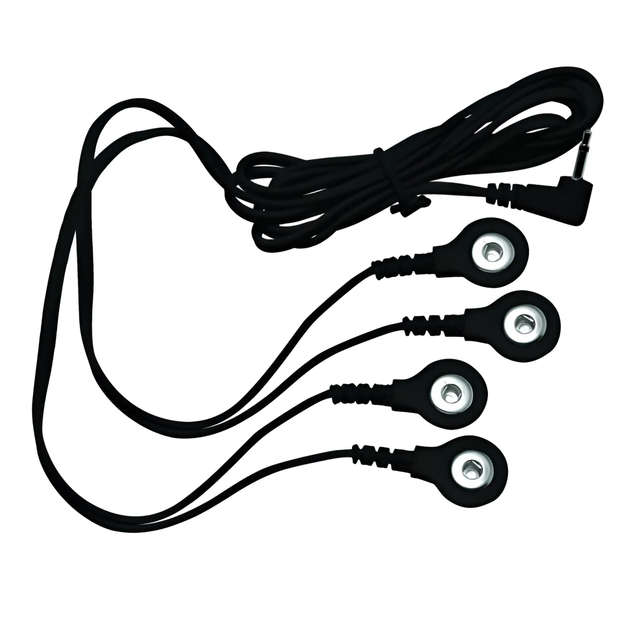 Zeus Electrosex Voltaic kit featuring black cables with four circular stainless steel contact pads and a 3.5mm plug.