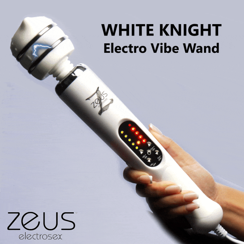 Hand holding a white Zeus White Knight electro-vibe wand with a light-up control panel and sparking head animation.