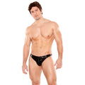 Black patent leather men’s thong with central zipper closure zeus wet look style
