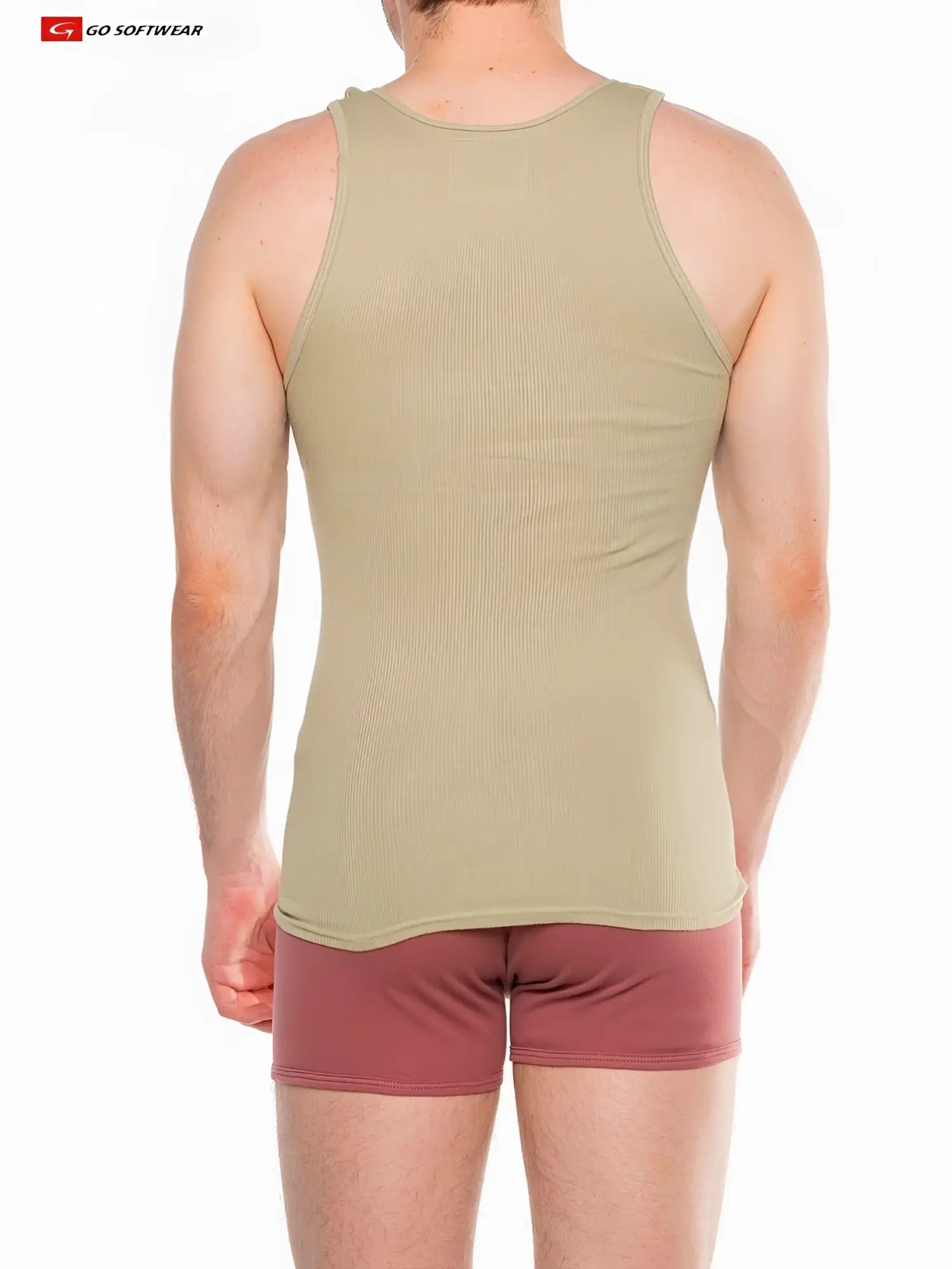 Beige Zion rib tank top with ribbed texture, sleeveless design, and round neckline perfect for casual wear