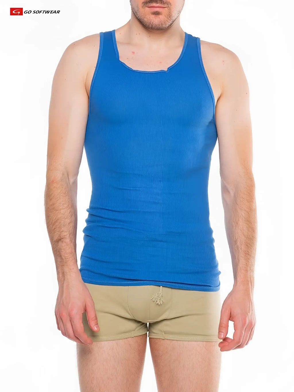 Blue ribbed tank top with scoop neckline and elasticized waistband in a lightweight fabric for casual wear