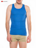 Blue ribbed tank top with scoop neckline and elasticized waistband in a lightweight fabric for casual wear