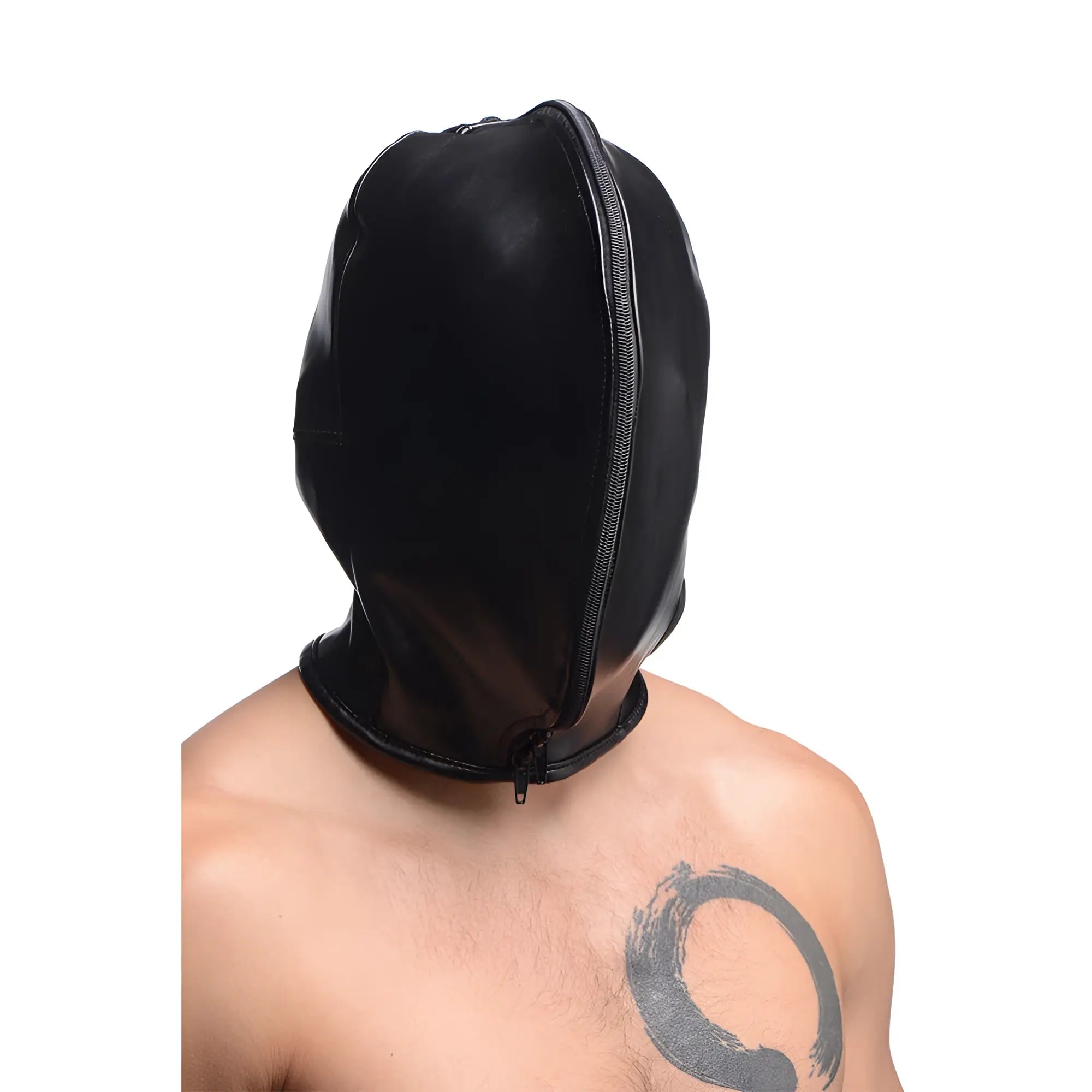 Black latex zip front bondage hood featuring a central zipper running from the top to the neck