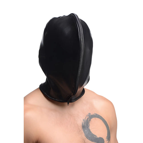 Black latex zip front bondage hood featuring a central zipper running from the top to the neck