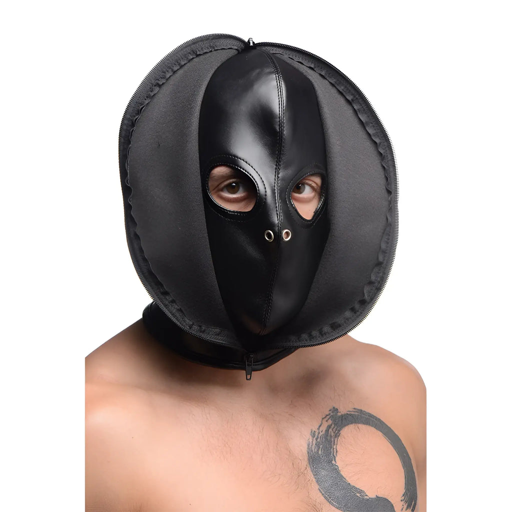 Black leather and fabric zip front bondage hood with zipper closure shown from the back side