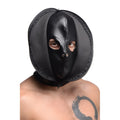 Black leather and fabric zip front bondage hood with zipper closure shown from the back side