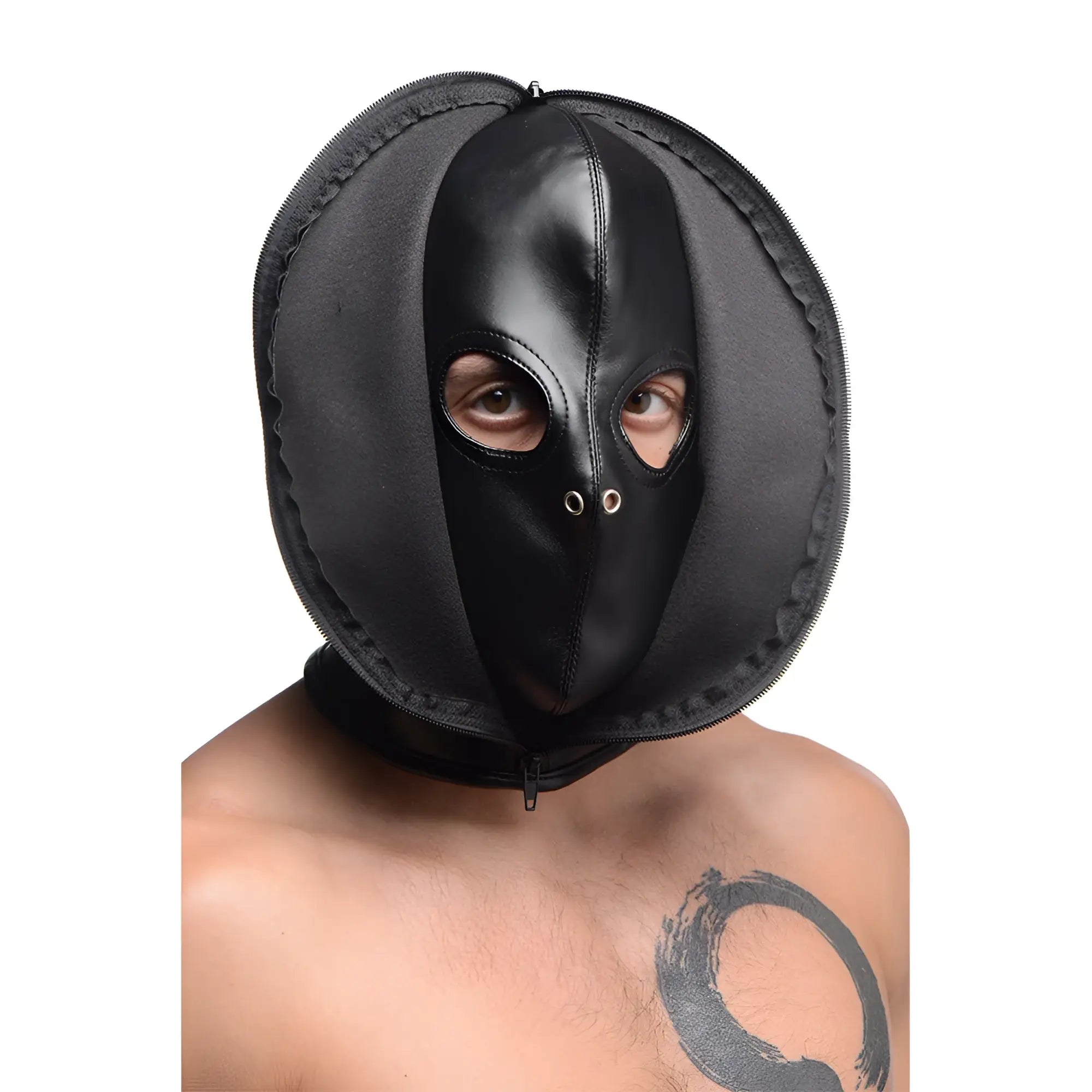 Black leather and fabric zip front bondage hood with zipper closure shown from the back side