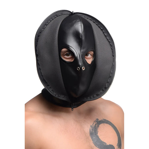 Black leather and fabric zip front bondage hood with zipper closure shown from the back side
