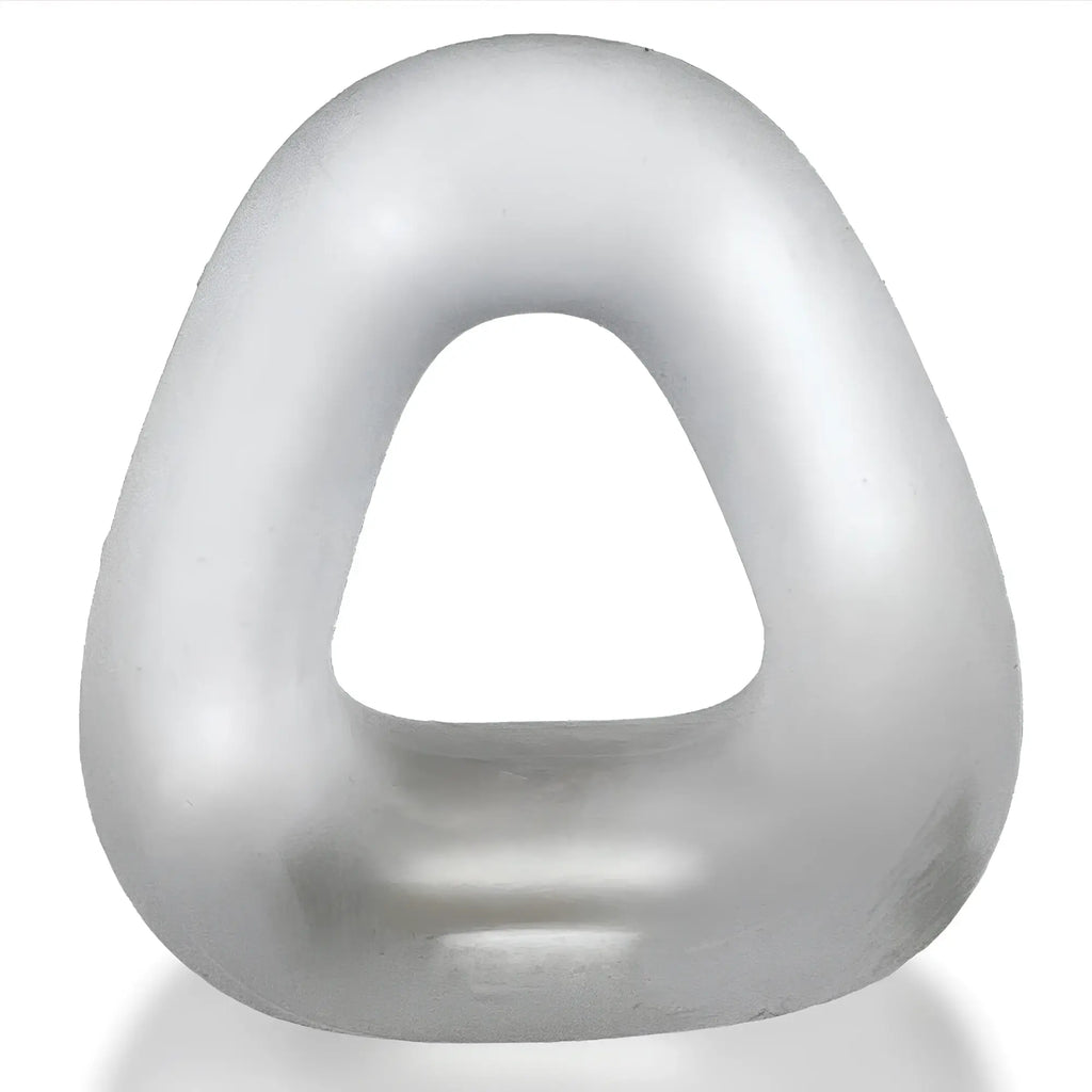 Silver matte-finished abstract ZOID wide-base bulge c-ring sculpture with a triangular outline and smooth rounded contours