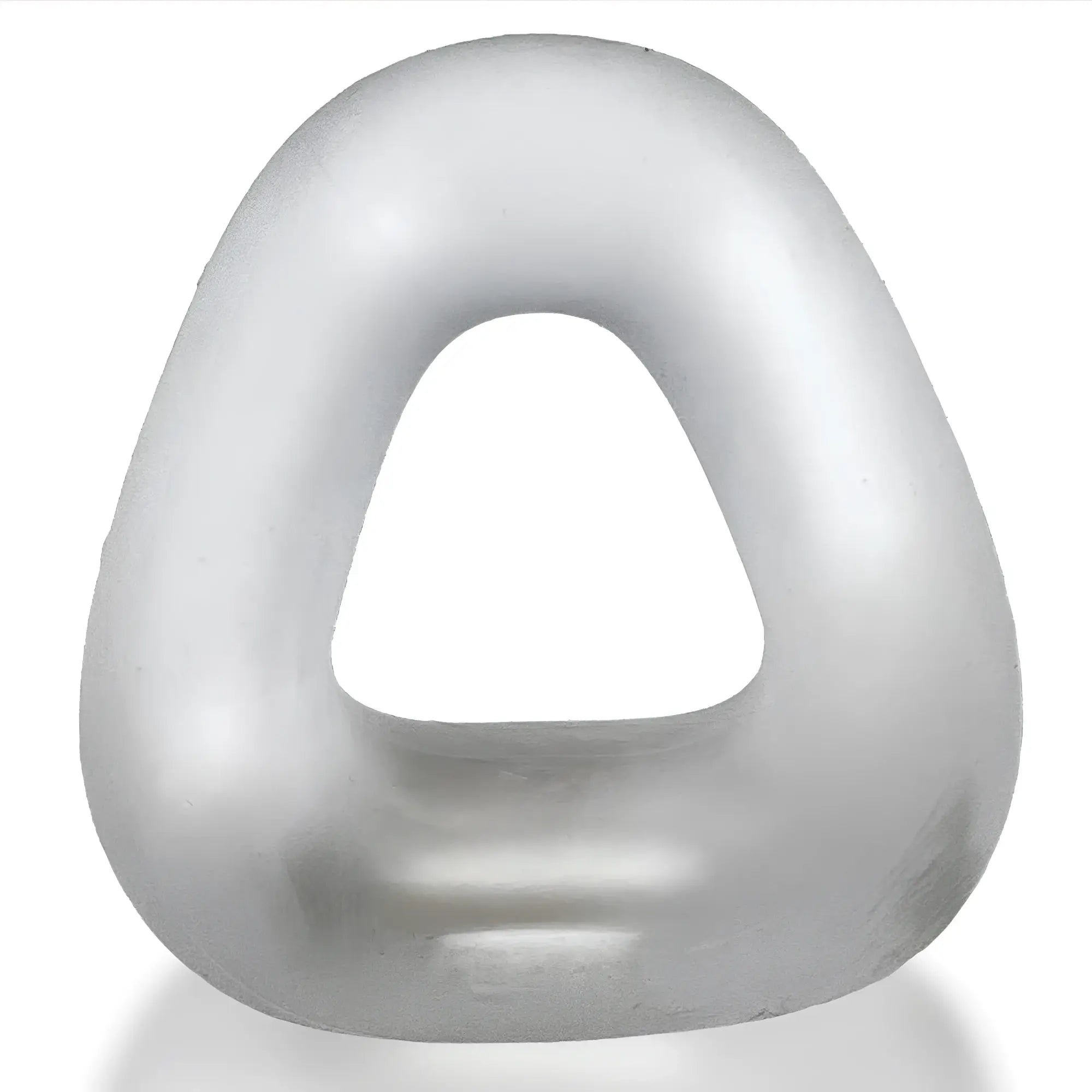 Silver matte-finished abstract ZOID wide-base bulge c-ring sculpture with a triangular outline and smooth rounded contours