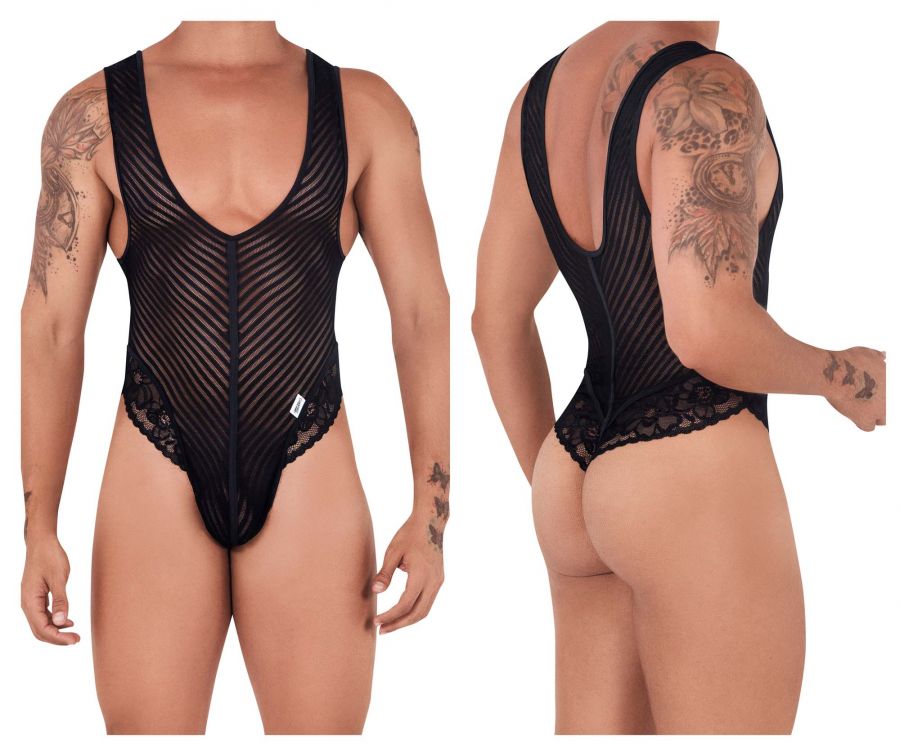 CandyMan 99522 Lace-Mesh Bodysuit Thong Color Black - DealByEthan.gay loves CandyMan
