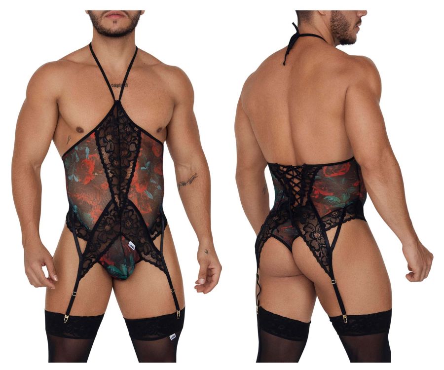 CandyMan 99661 Lace Bodysuit Color Black-Print - DealByEthan.gay loves CandyMan