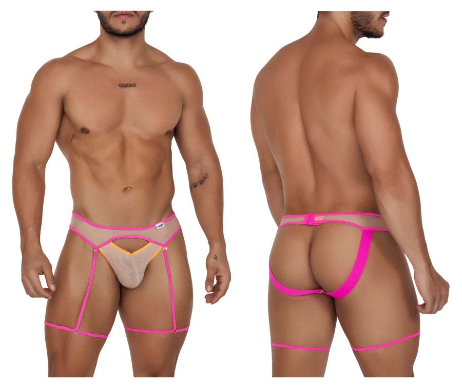 CandyMan 99687 Garter Jock Two Piece Set Color Beige-Neon - DealByEthan.gay loves CandyMan