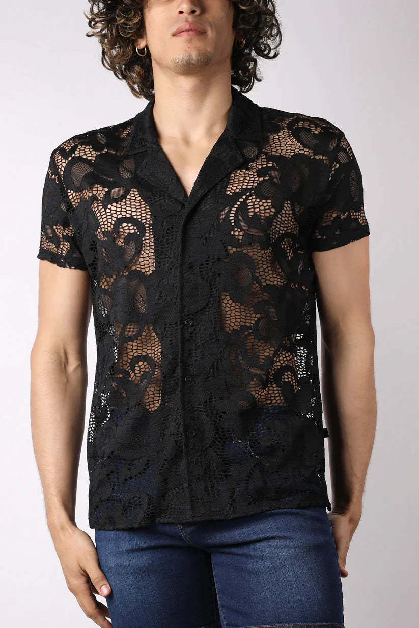 LACE UP BUTTON DOWN MESH SHIRT - DealByEthan.gay loves Timoteo