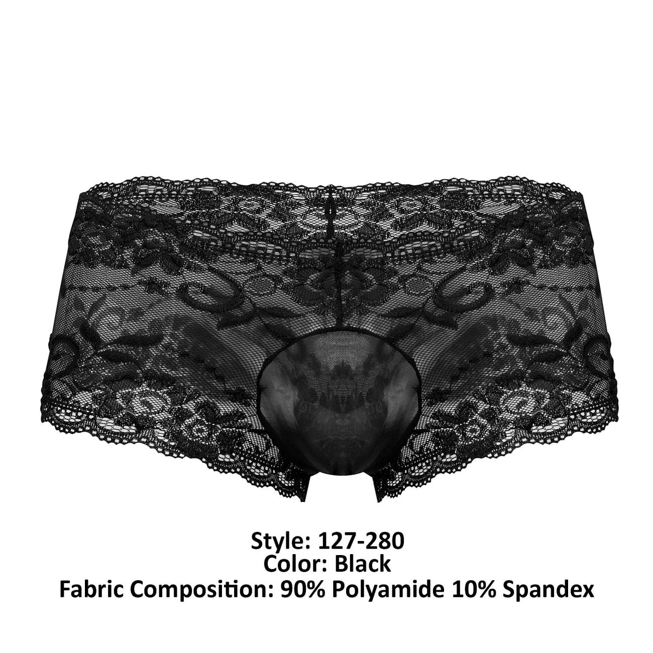 Male Power 127-280 Sassy Lace Mini Short Sheer Pouch Color Black - DealByEthan.gay loves Male Power