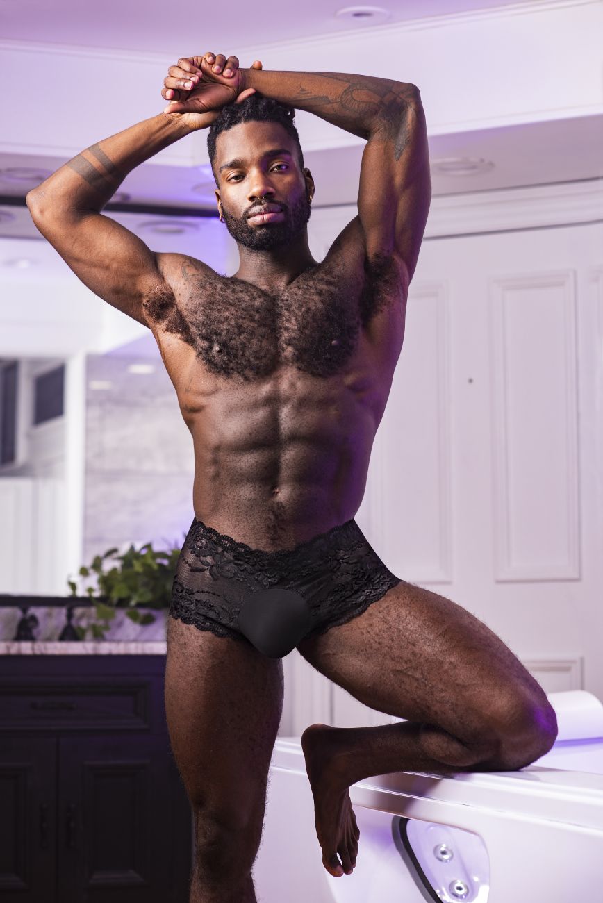 Male Power 127-280 Sassy Lace Mini Short Sheer Pouch Color Black - DealByEthan.gay loves Male Power