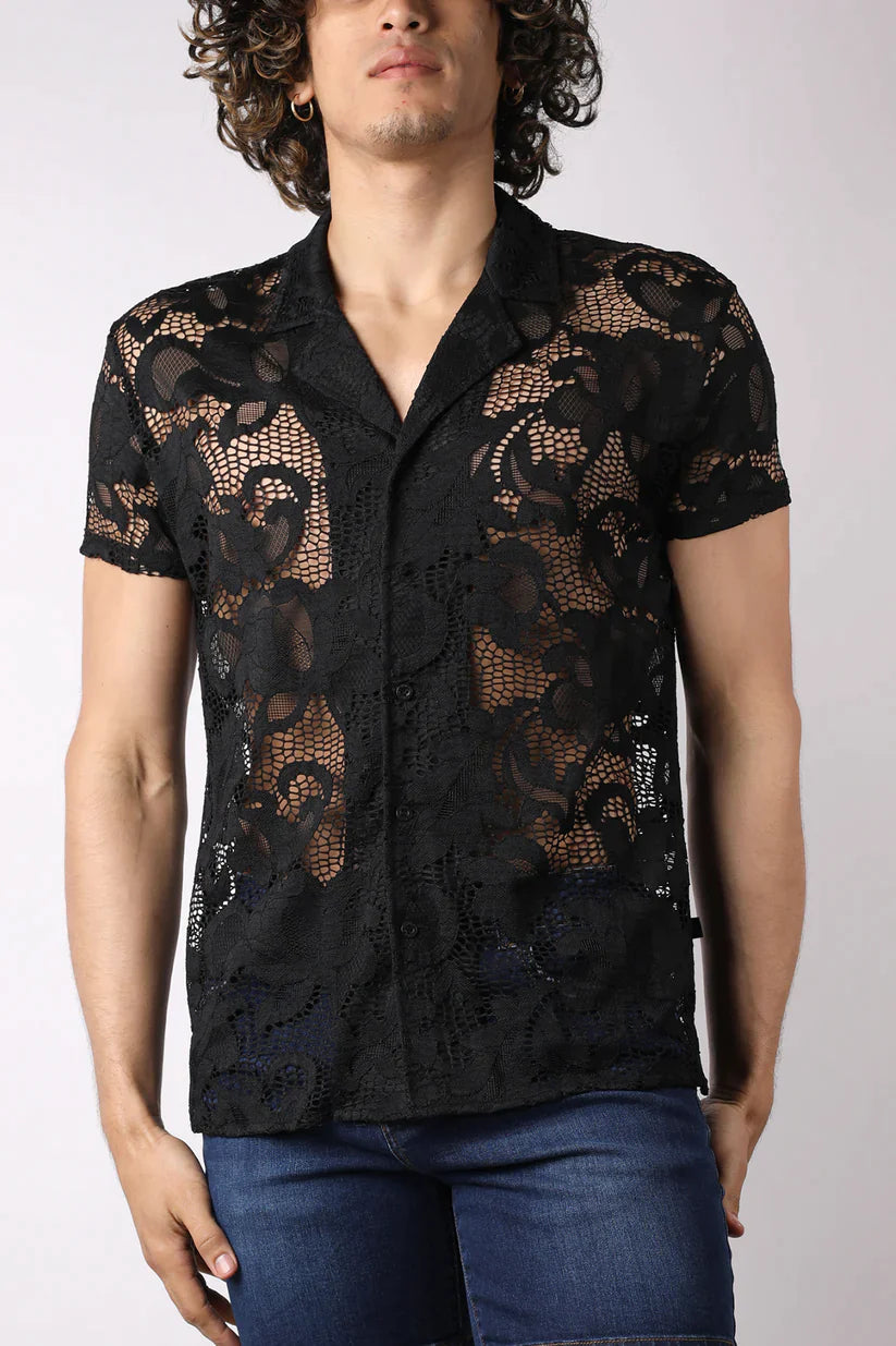 LACE UP BUTTON DOWN MESH SHIRT - DealByEthan.gay