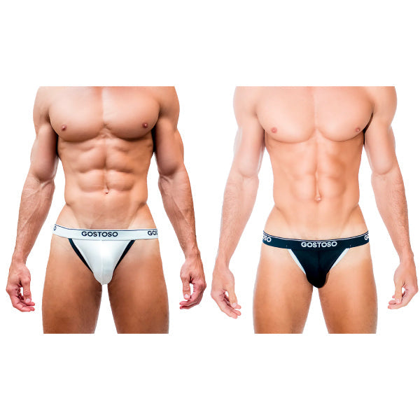 Gostoso Underwear - Jockstrap con el logotipo de Gostoso en blanco y ribete negro y ropa interior en paquete de 2 con ribete blanco y negro